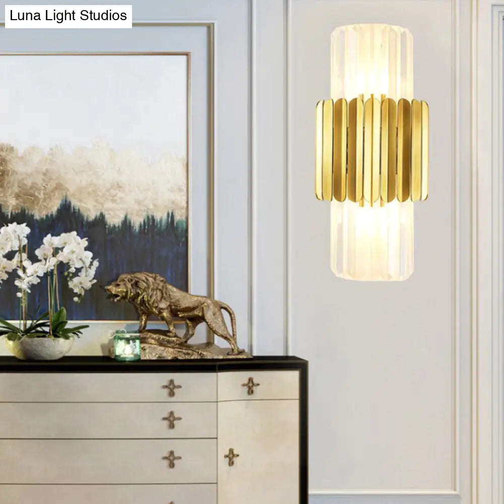 DecorBites™ Modern Crystal Cylinder Wall Mount Lamp with 2 Gold Heads - Bedroom Wall Lighting Fixture