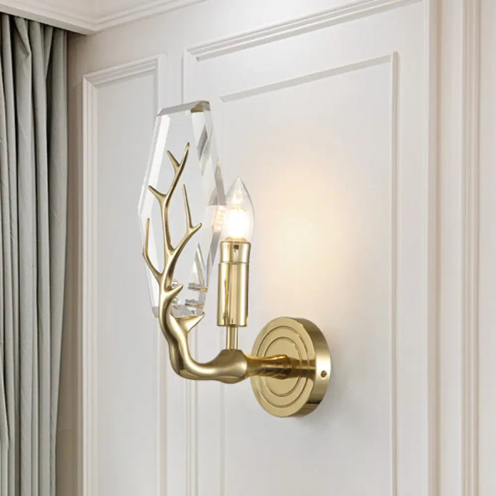 DecorBites™ Modern Crystal Hexagon Sconce Light Fixture: Gold Wall-Mount Lamp with Antler Deco