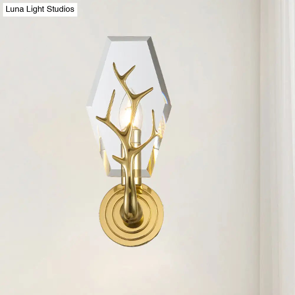 DecorBites™ Modern Crystal Hexagon Sconce Light Fixture: Gold Wall-Mount Lamp with Antler Deco