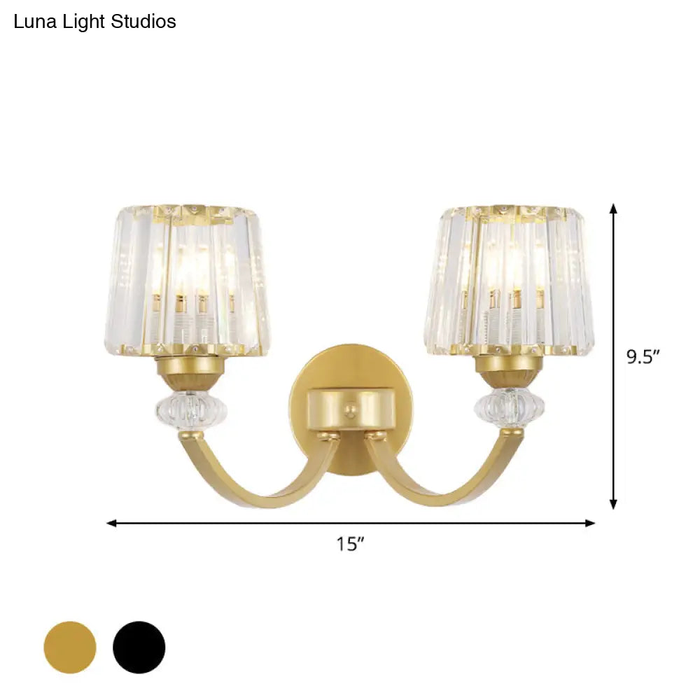 DecorBites™ Modern Crystal Wall Lamp: Clear Barrel with Curved Arm in Black/Gold - 1/2-Light Wall Mounted Lighting