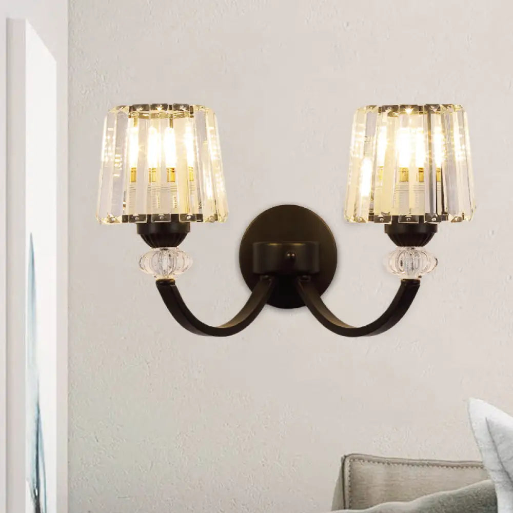 DecorBites™ Modern Crystal Wall Lamp: Clear Barrel with Curved Arm in Black/Gold - 1/2-Light Wall Mounted Lighting