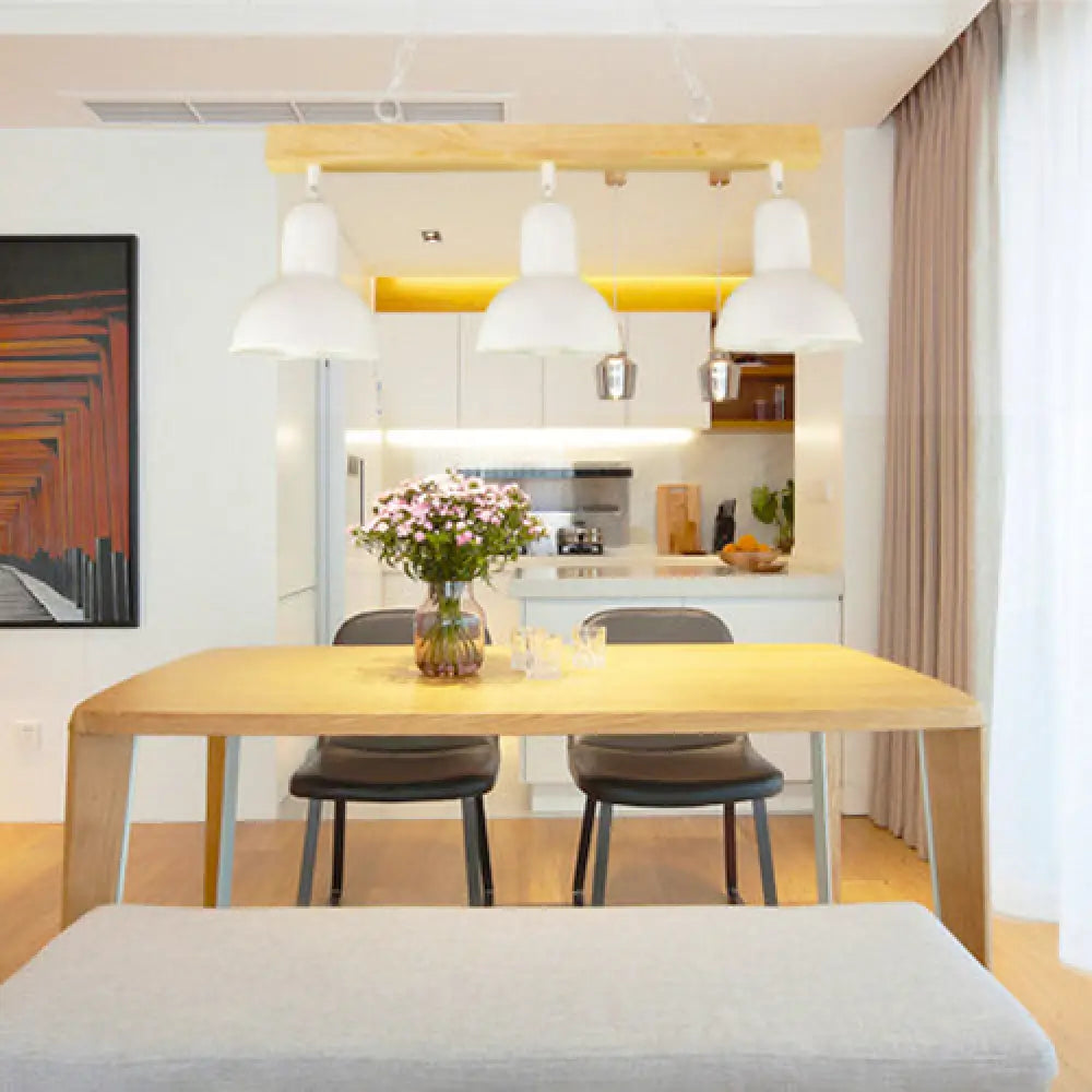 DecorBites™ Modern Dome Island Lighting - 2/3 Heads, Black/White Metal Pendant Light with Wooden Beam for Kitchen