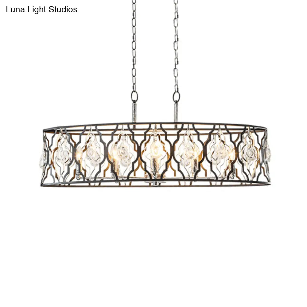 DecorBites™ Modern Drum Frame Island Pendant Light | Black Metal with Crystal Block Accent | 8 Bulbs Suspension Lamp
