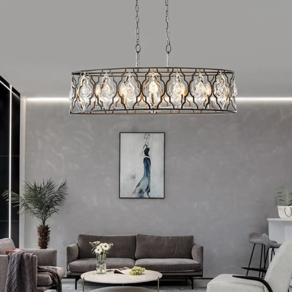 DecorBites™ Modern Drum Frame Island Pendant Light | Black Metal with Crystal Block Accent | 8 Bulbs Suspension Lamp
