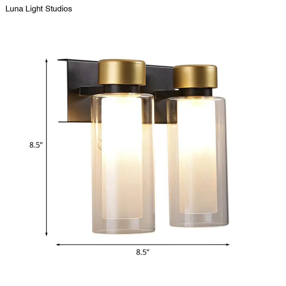DecorBites™ Modern Dual Cylinder Brass Sconce Light Fixture with Clear Glass - 2 Bulbs, LED Wall Mount Lamp