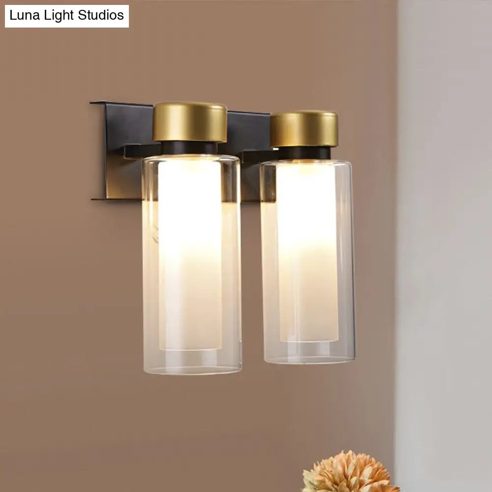 DecorBites™ Modern Dual Cylinder Brass Sconce Light Fixture with Clear Glass - 2 Bulbs, LED Wall Mount Lamp