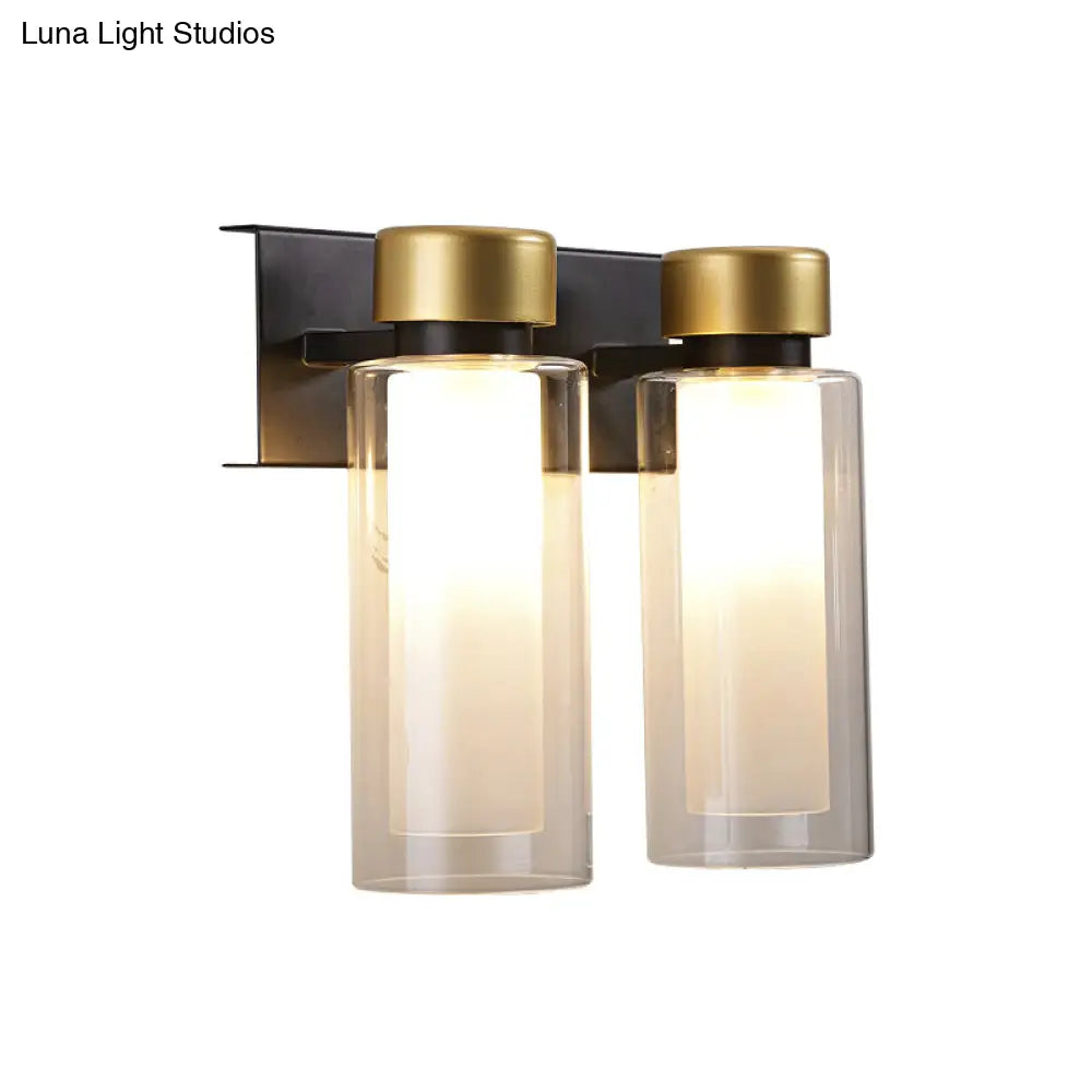 DecorBites™ Modern Dual Cylinder Brass Sconce Light Fixture with Clear Glass - 2 Bulbs, LED Wall Mount Lamp