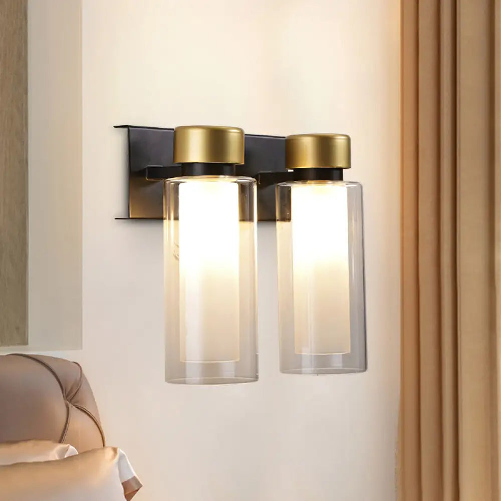 DecorBites™ Modern Dual Cylinder Brass Sconce Light Fixture with Clear Glass - 2 Bulbs, LED Wall Mount Lamp