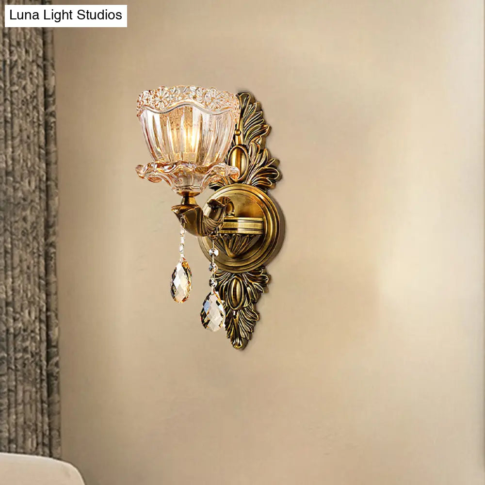 DecorBites™ Modern Floral Shaped Wall Sconce Light with Amber Glass and Teardrop Crystal Drop in Brass - 1/2 Heads - Ideal for Living Room