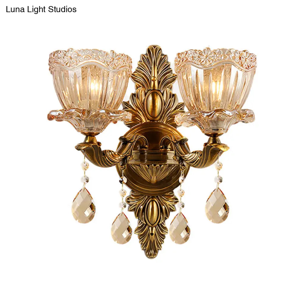 DecorBites™ Modern Floral Shaped Wall Sconce Light with Amber Glass and Teardrop Crystal Drop in Brass - 1/2 Heads - Ideal for Living Room