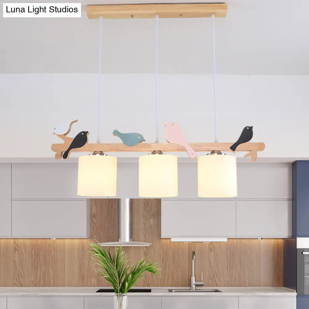 DecorBites™ Modern Frosted Glass Pendant Light with Wood Accent - 2/3 Lights | Barrel Island Hanging Lamp Kit - Bird Deco | Perfect for Tables