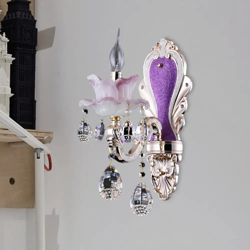 DecorBites™ Modern Frosted Glass Purple Wall Sconce Light with Teardrop Crystal Drops - Ruffle Design