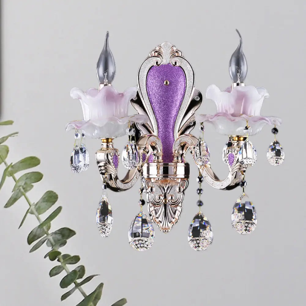 DecorBites™ Modern Frosted Glass Purple Wall Sconce Light with Teardrop Crystal Drops - Ruffle Design