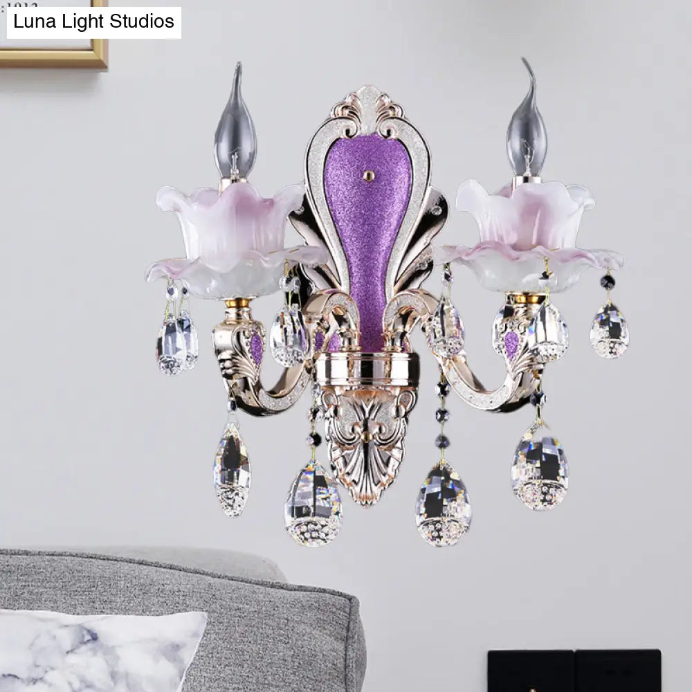 DecorBites™ Modern Frosted Glass Purple Wall Sconce Light with Teardrop Crystal Drops - Ruffle Design