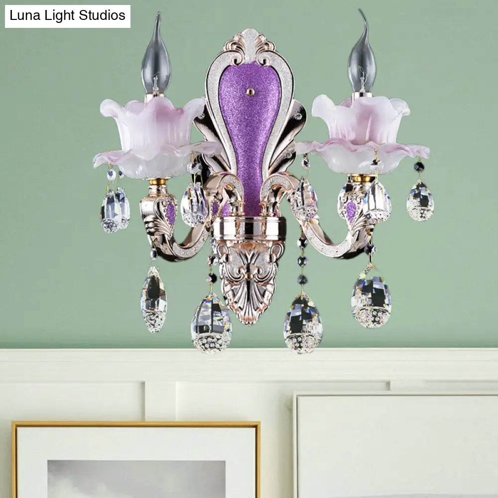 DecorBites™ Modern Frosted Glass Purple Wall Sconce Light with Teardrop Crystal Drops - Ruffle Design