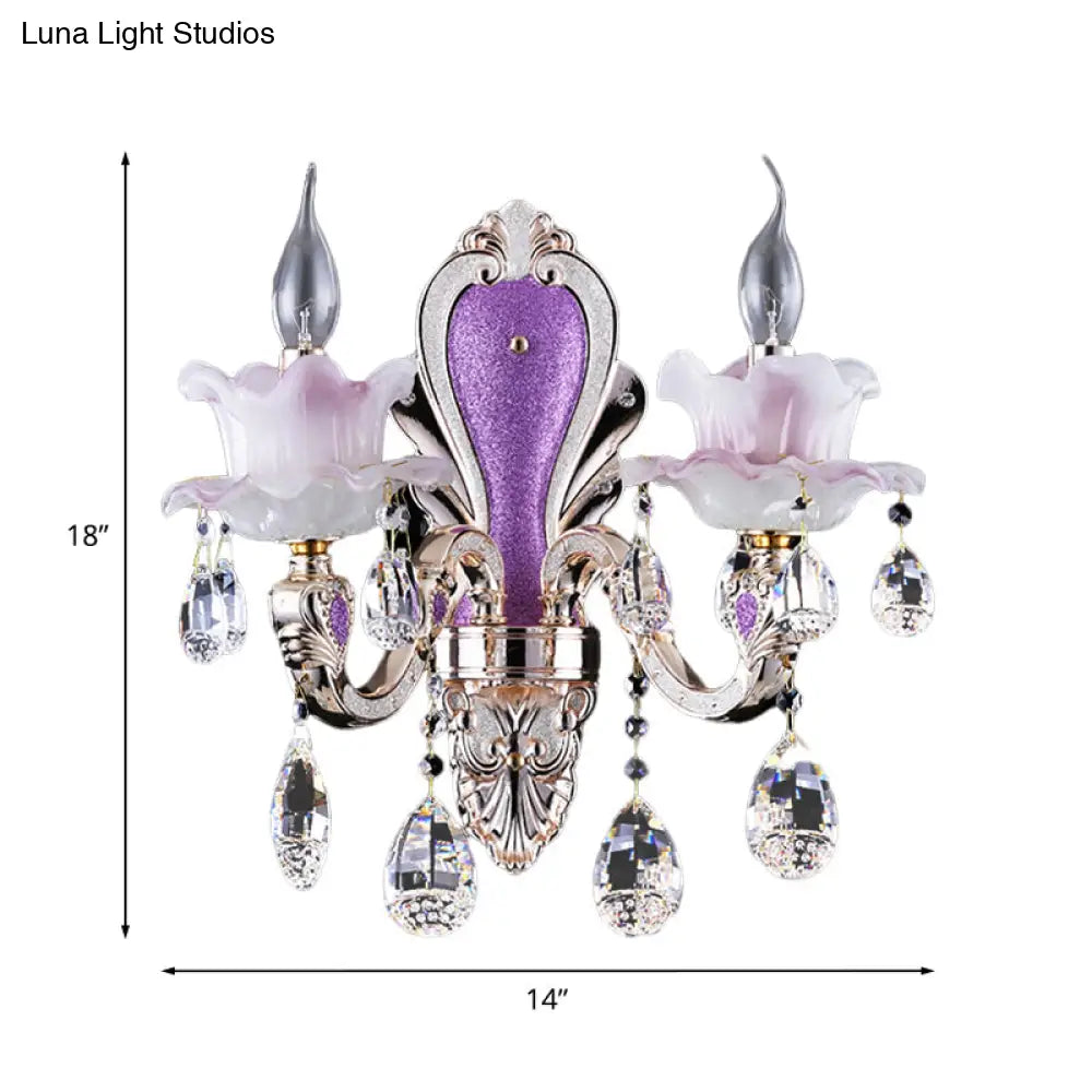 DecorBites™ Modern Frosted Glass Purple Wall Sconce Light with Teardrop Crystal Drops - Ruffle Design