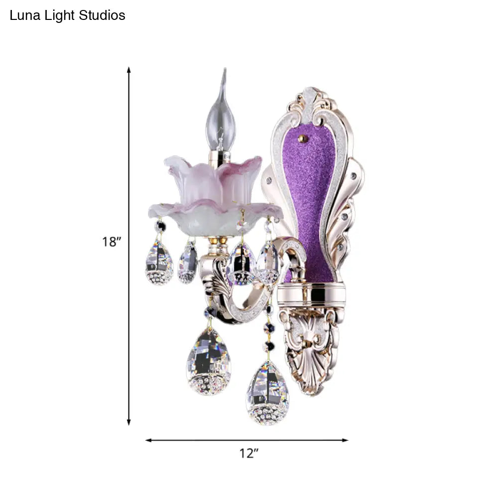 DecorBites™ Modern Frosted Glass Purple Wall Sconce Light with Teardrop Crystal Drops - Ruffle Design