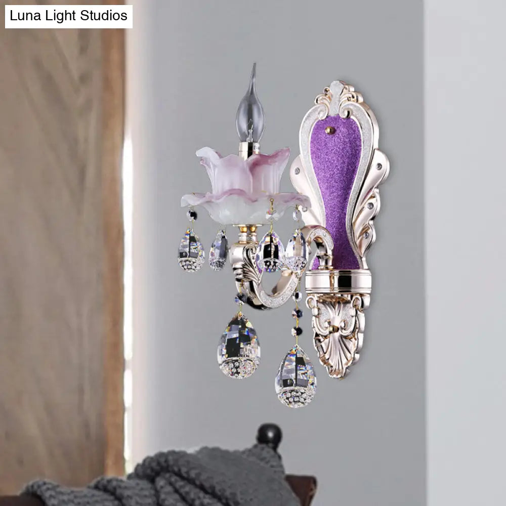 DecorBites™ Modern Frosted Glass Purple Wall Sconce Light with Teardrop Crystal Drops - Ruffle Design