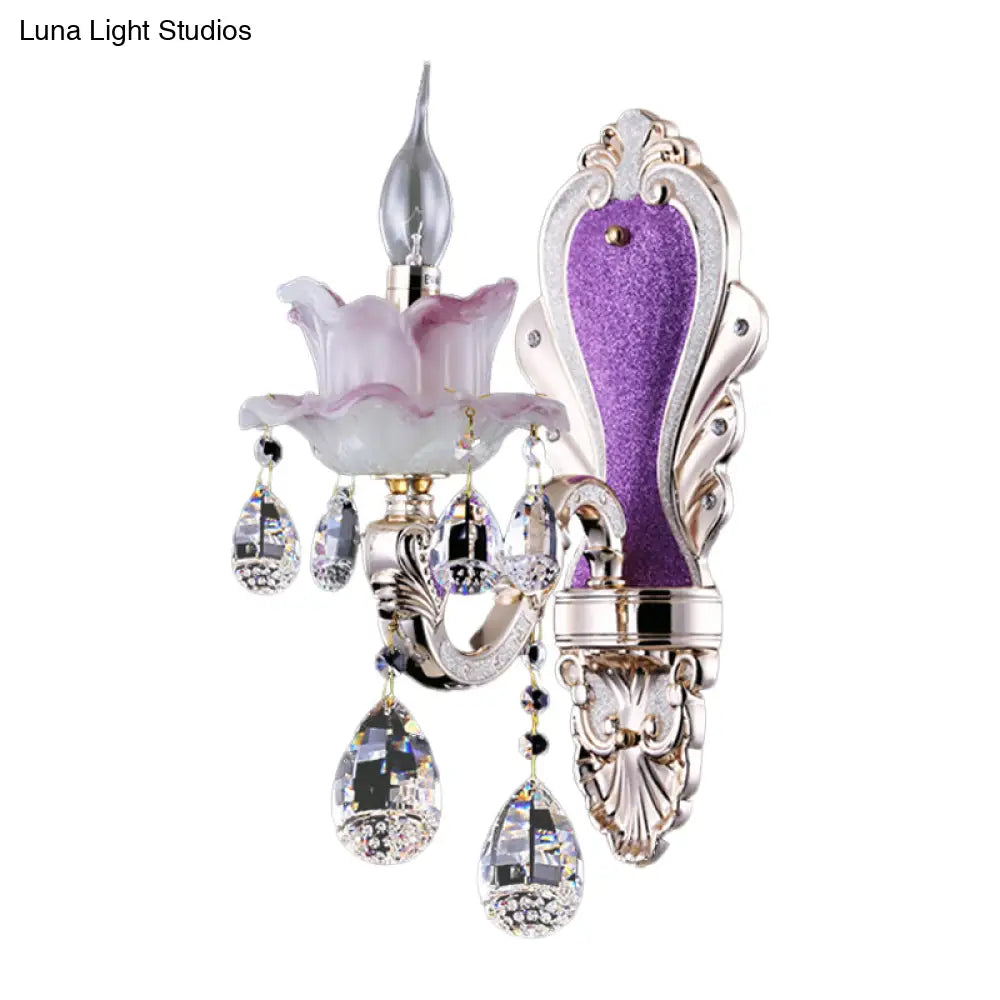 DecorBites™ Modern Frosted Glass Purple Wall Sconce Light with Teardrop Crystal Drops - Ruffle Design