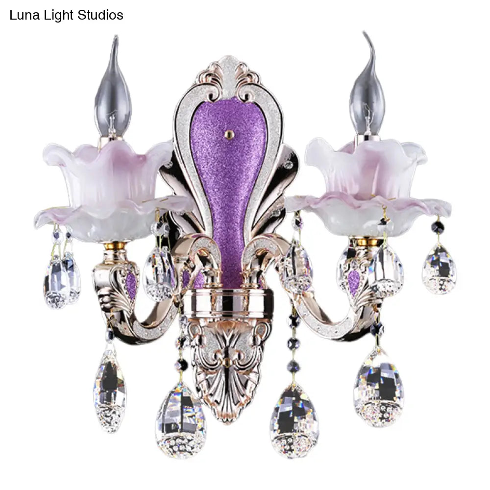 DecorBites™ Modern Frosted Glass Purple Wall Sconce Light with Teardrop Crystal Drops - Ruffle Design