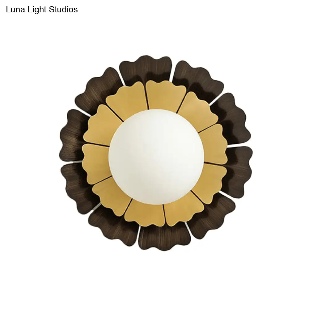 DecorBites™ Modern Frosted Glass Wall Sconce with LED Lighting - Orb White, 1-Head Design, Yellow/Brown Finish, Sunflower Backplate