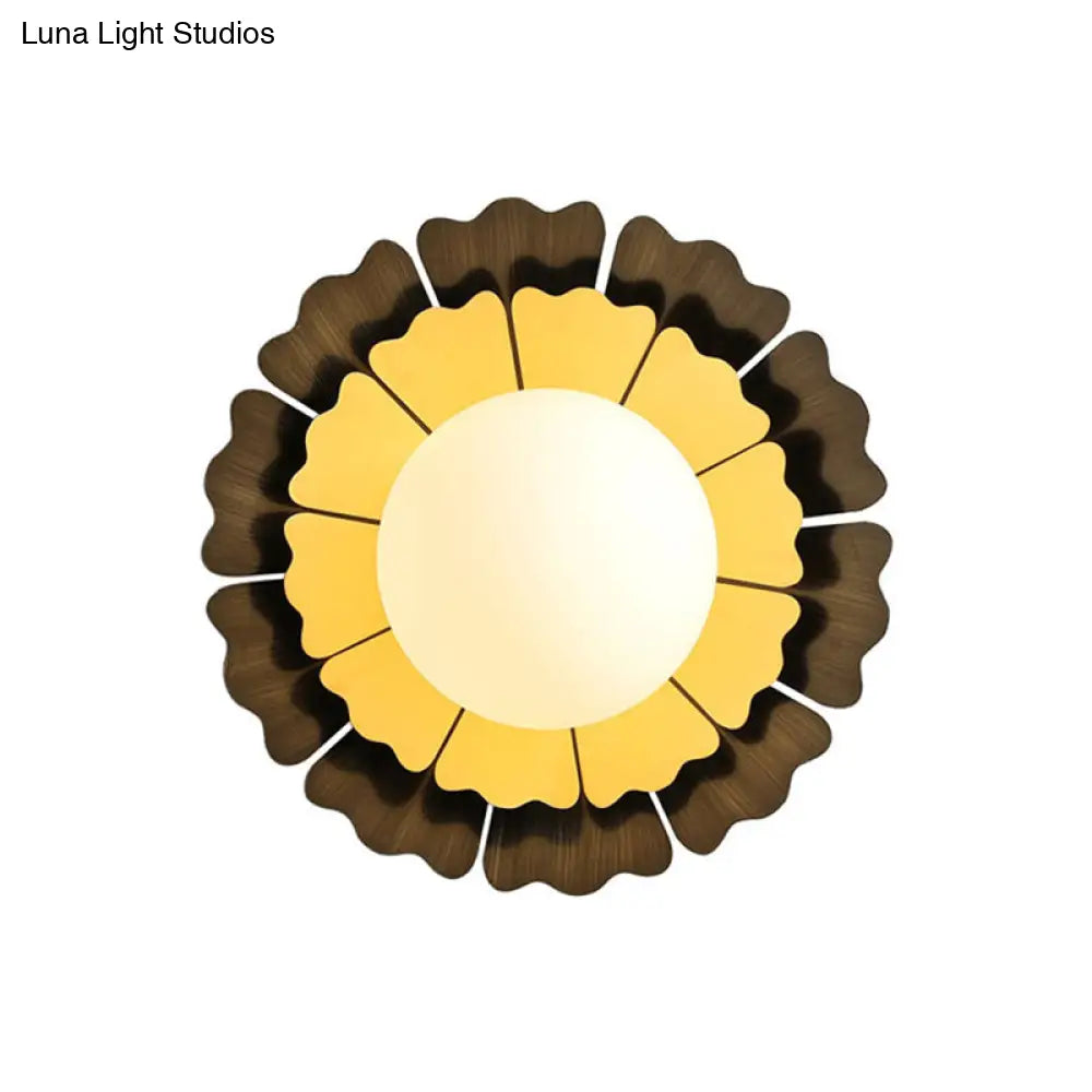DecorBites™ Modern Frosted Glass Wall Sconce with LED Lighting - Orb White, 1-Head Design, Yellow/Brown Finish, Sunflower Backplate