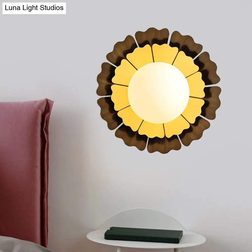 DecorBites™ Modern Frosted Glass Wall Sconce with LED Lighting - Orb White, 1-Head Design, Yellow/Brown Finish, Sunflower Backplate