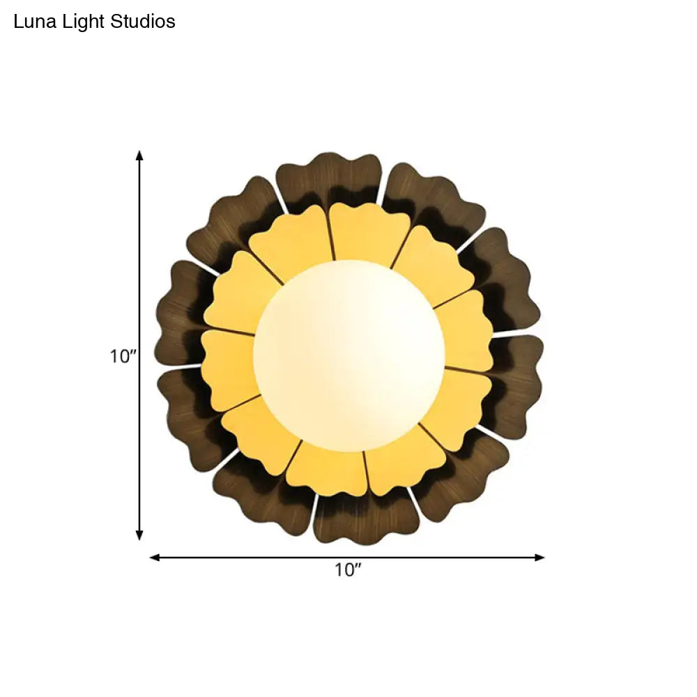 DecorBites™ Modern Frosted Glass Wall Sconce with LED Lighting - Orb White, 1-Head Design, Yellow/Brown Finish, Sunflower Backplate