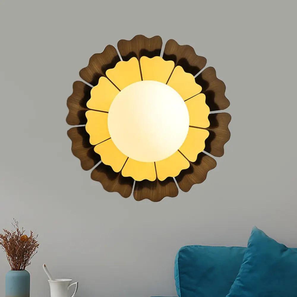DecorBites™ Modern Frosted Glass Wall Sconce with LED Lighting - Orb White, 1-Head Design, Yellow/Brown Finish, Sunflower Backplate