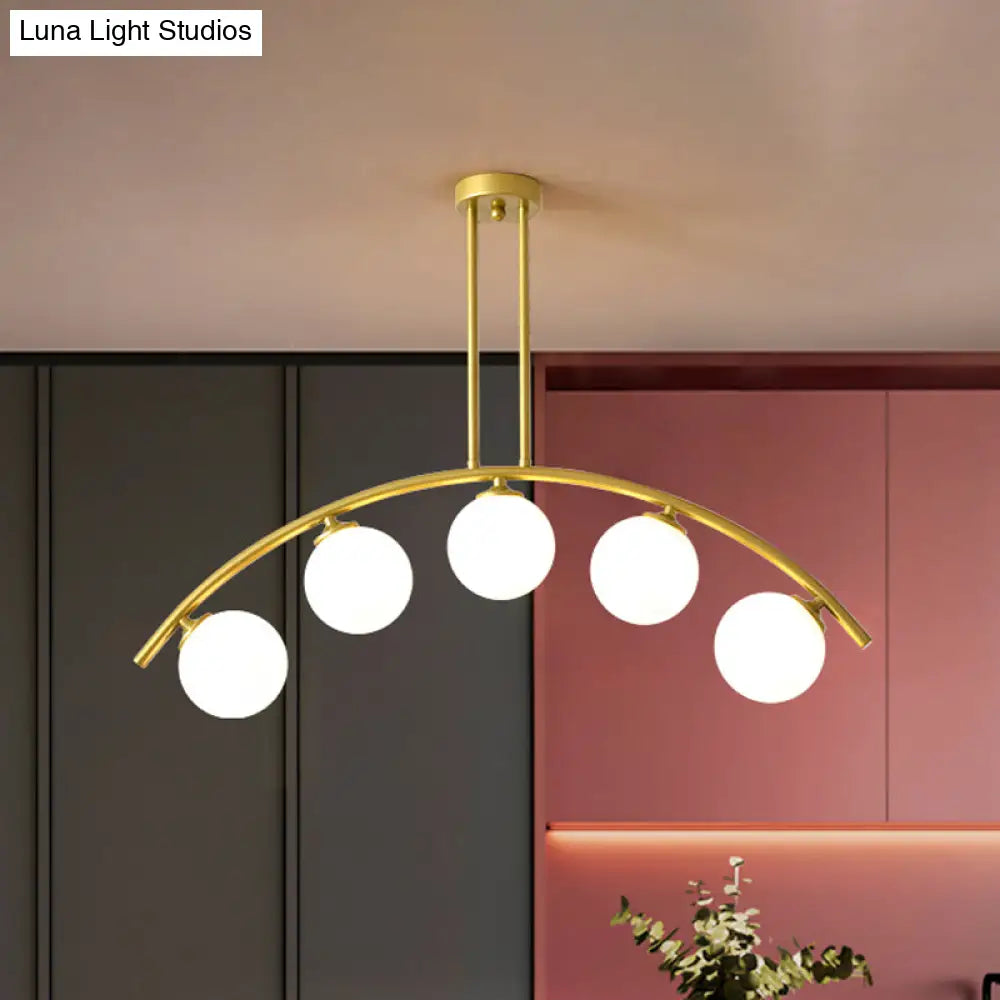 DecorBites™ Modern Glass Orb Island Pendant Light with Brass Arch Arm - 5 Bulbs - White/Clear Design for Dining Room