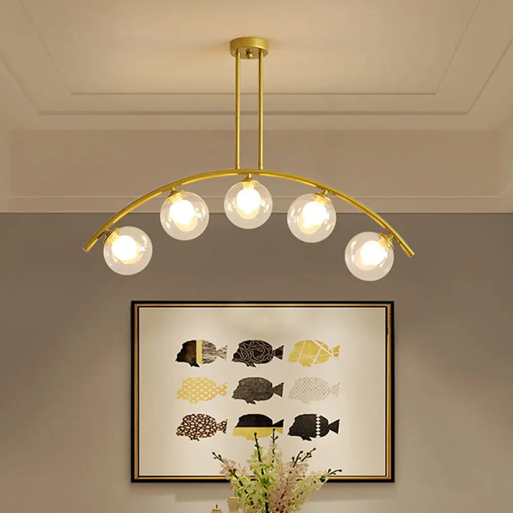 DecorBites™ Modern Glass Orb Island Pendant Light with Brass Arch Arm - 5 Bulbs - White/Clear Design for Dining Room