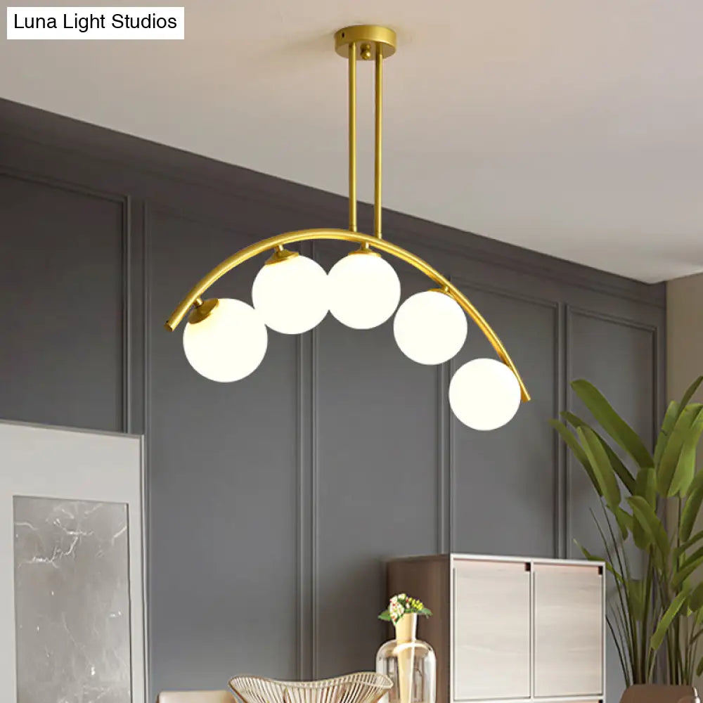 DecorBites™ Modern Glass Orb Island Pendant Light with Brass Arch Arm - 5 Bulbs - White/Clear Design for Dining Room