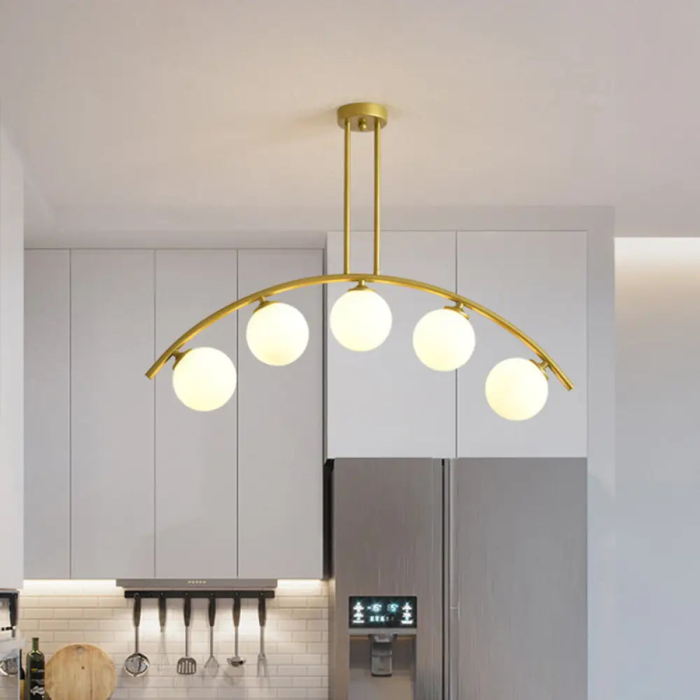 DecorBites™ Modern Glass Orb Island Pendant Light with Brass Arch Arm - 5 Bulbs - White/Clear Design for Dining Room