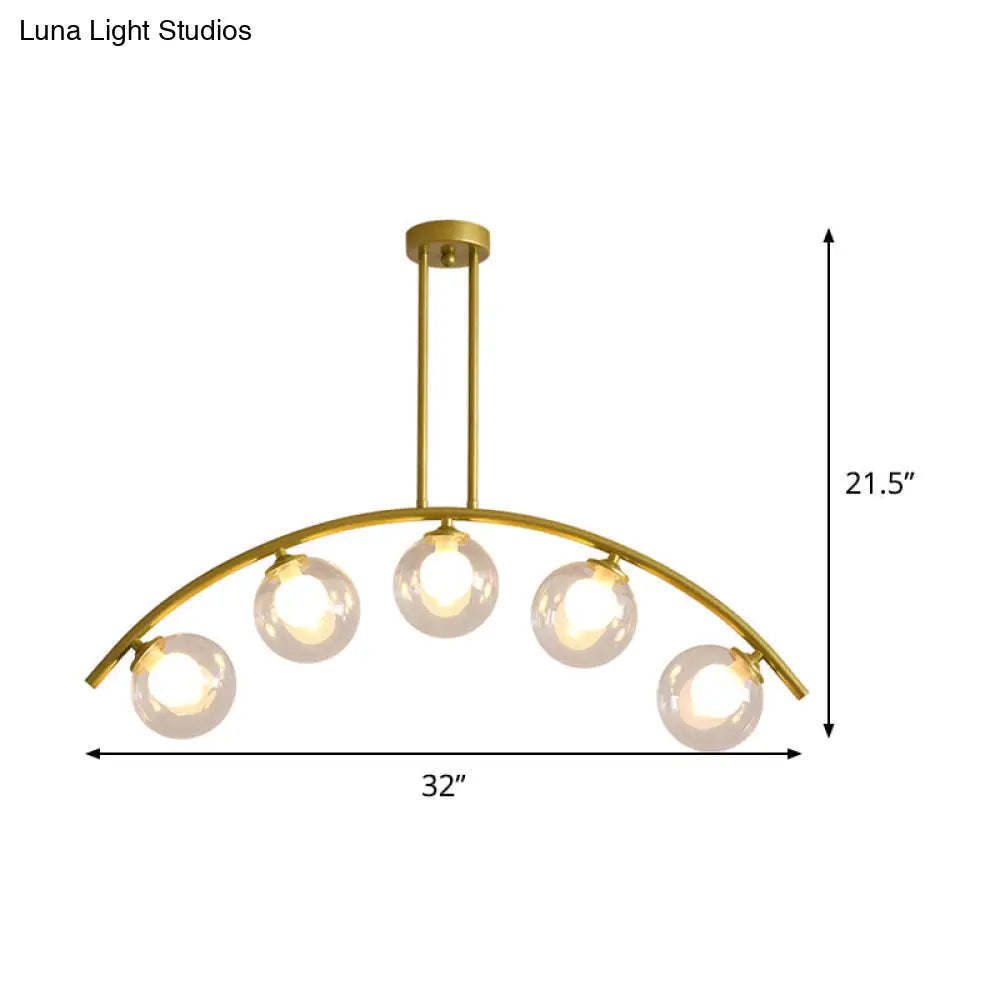 DecorBites™ Modern Glass Orb Island Pendant Light with Brass Arch Arm - 5 Bulbs - White/Clear Design for Dining Room
