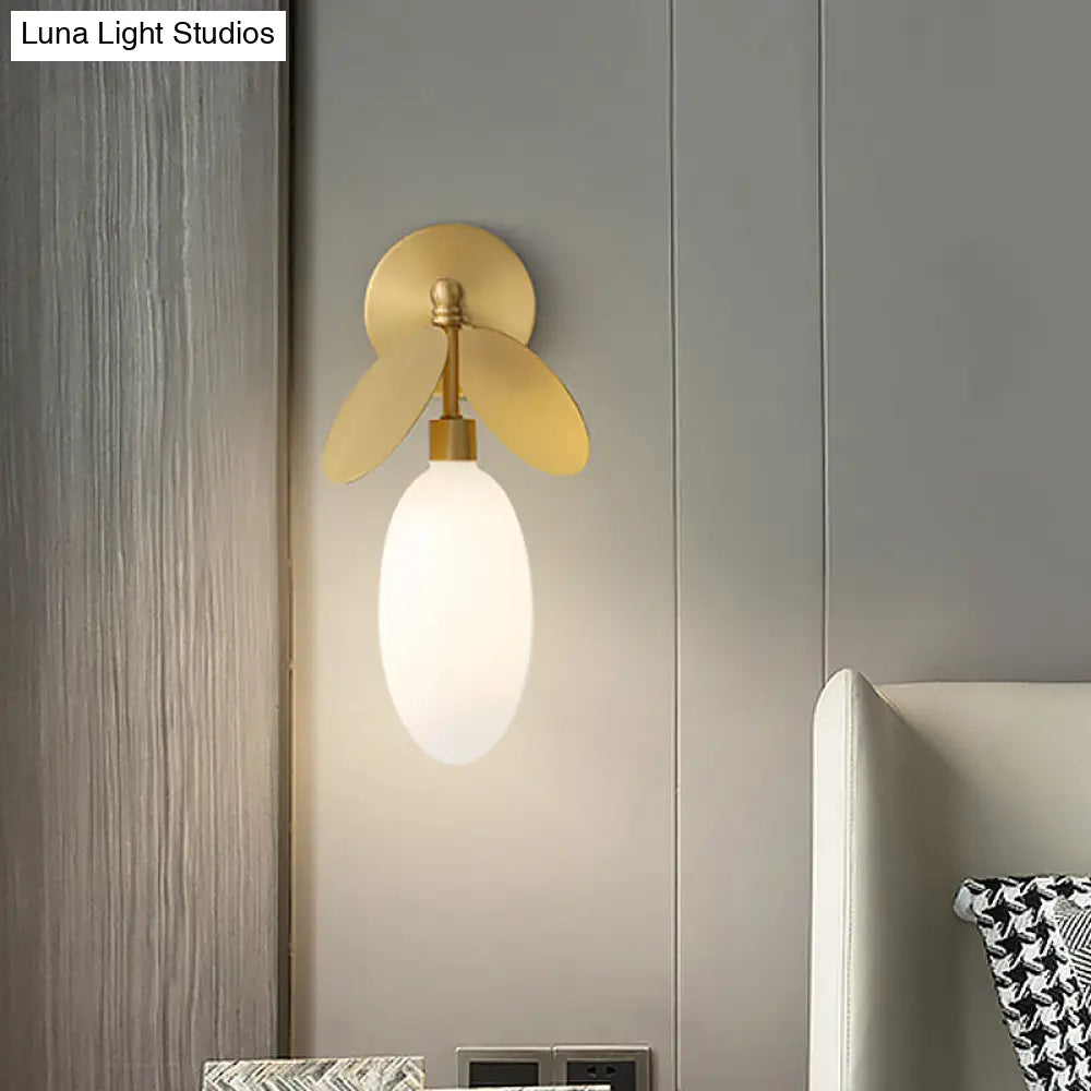 DecorBites™ Modern Globe/Oval Wall Mount Lamp with Cream Glass - Brass Bedside Wall Light with Leaf Deco