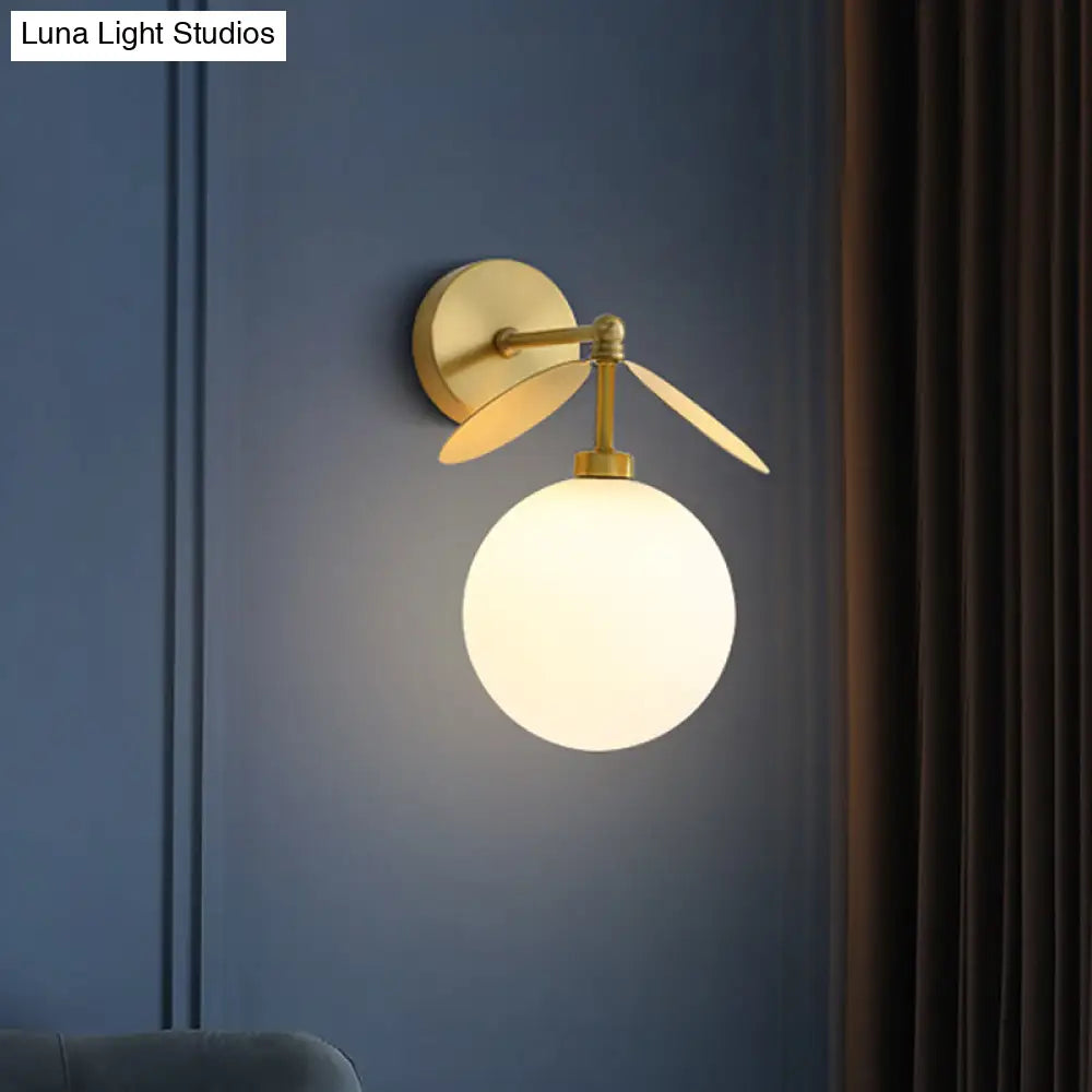 DecorBites™ Modern Globe/Oval Wall Mount Lamp with Cream Glass - Brass Bedside Wall Light with Leaf Deco