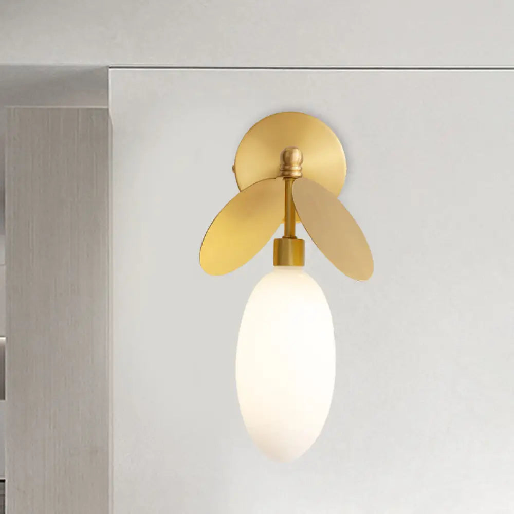 DecorBites™ Modern Globe/Oval Wall Mount Lamp with Cream Glass - Brass Bedside Wall Light with Leaf Deco