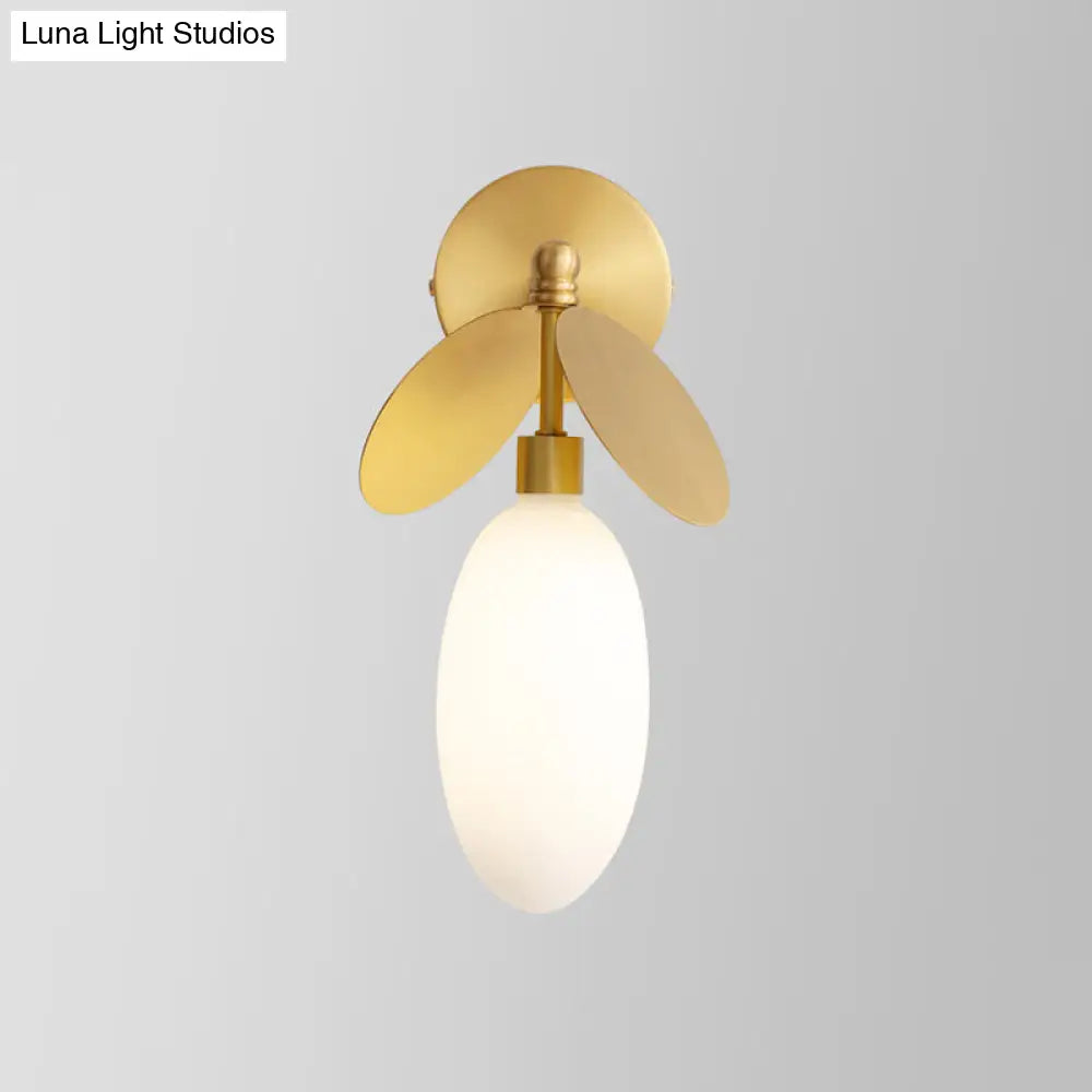 DecorBites™ Modern Globe/Oval Wall Mount Lamp with Cream Glass - Brass Bedside Wall Light with Leaf Deco