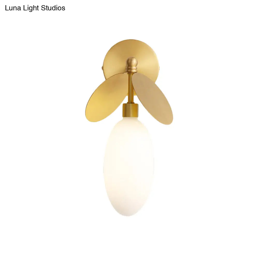 DecorBites™ Modern Globe/Oval Wall Mount Lamp with Cream Glass - Brass Bedside Wall Light with Leaf Deco