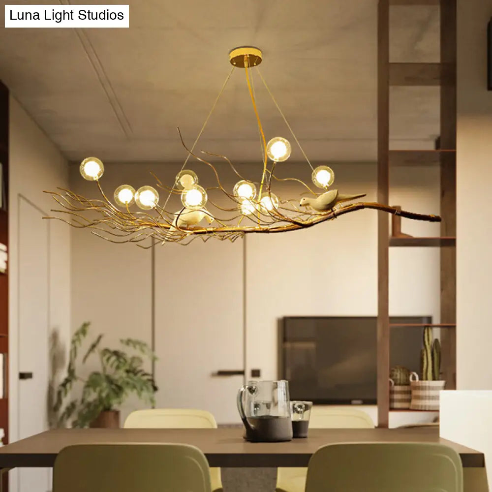 DecorBites™ Modern Gold Branch Pendant Light with Clear Glass Island Lamp - 10-Light Design with Birds - Ideal for Dining Room