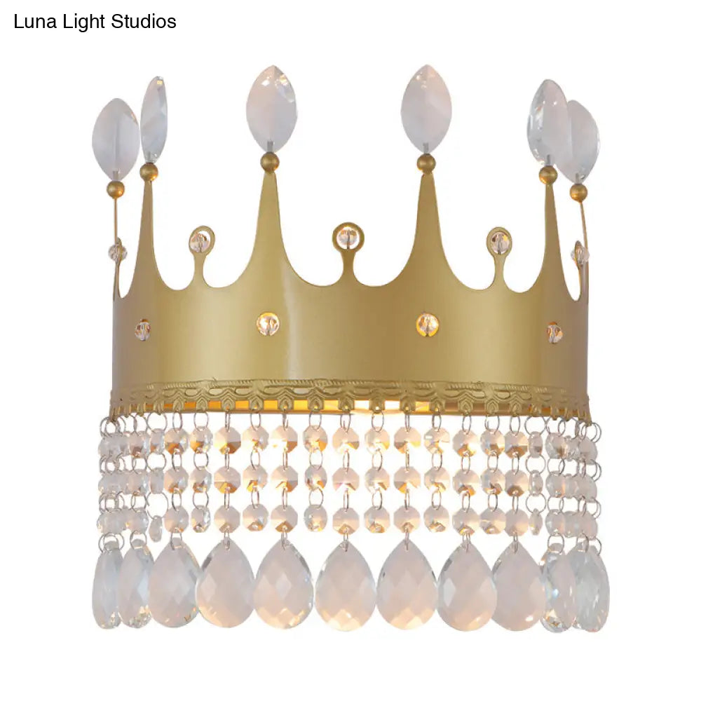 DecorBites™ Modern Gold Crown Wall Sconce with Crystal Droplet - 2 Bulbs Metallic Lamp