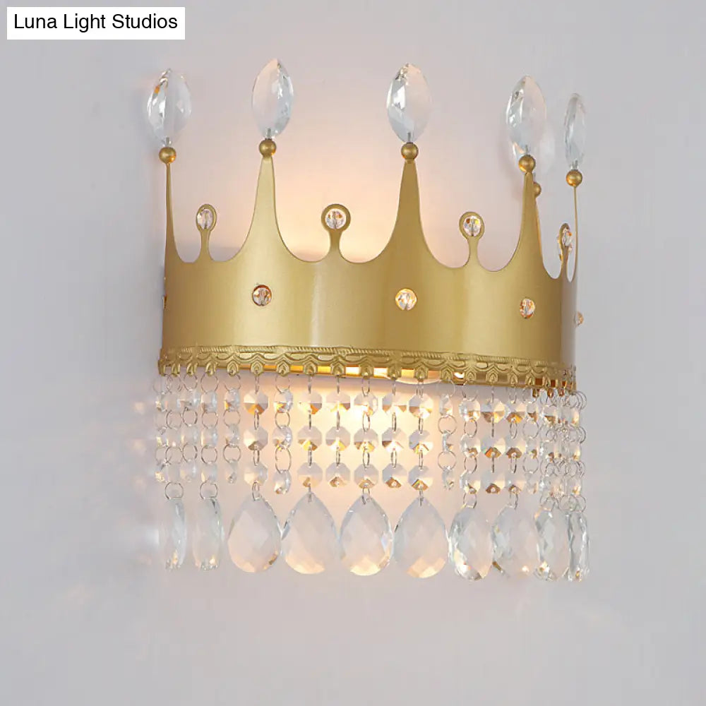DecorBites™ Modern Gold Crown Wall Sconce with Crystal Droplet - 2 Bulbs Metallic Lamp