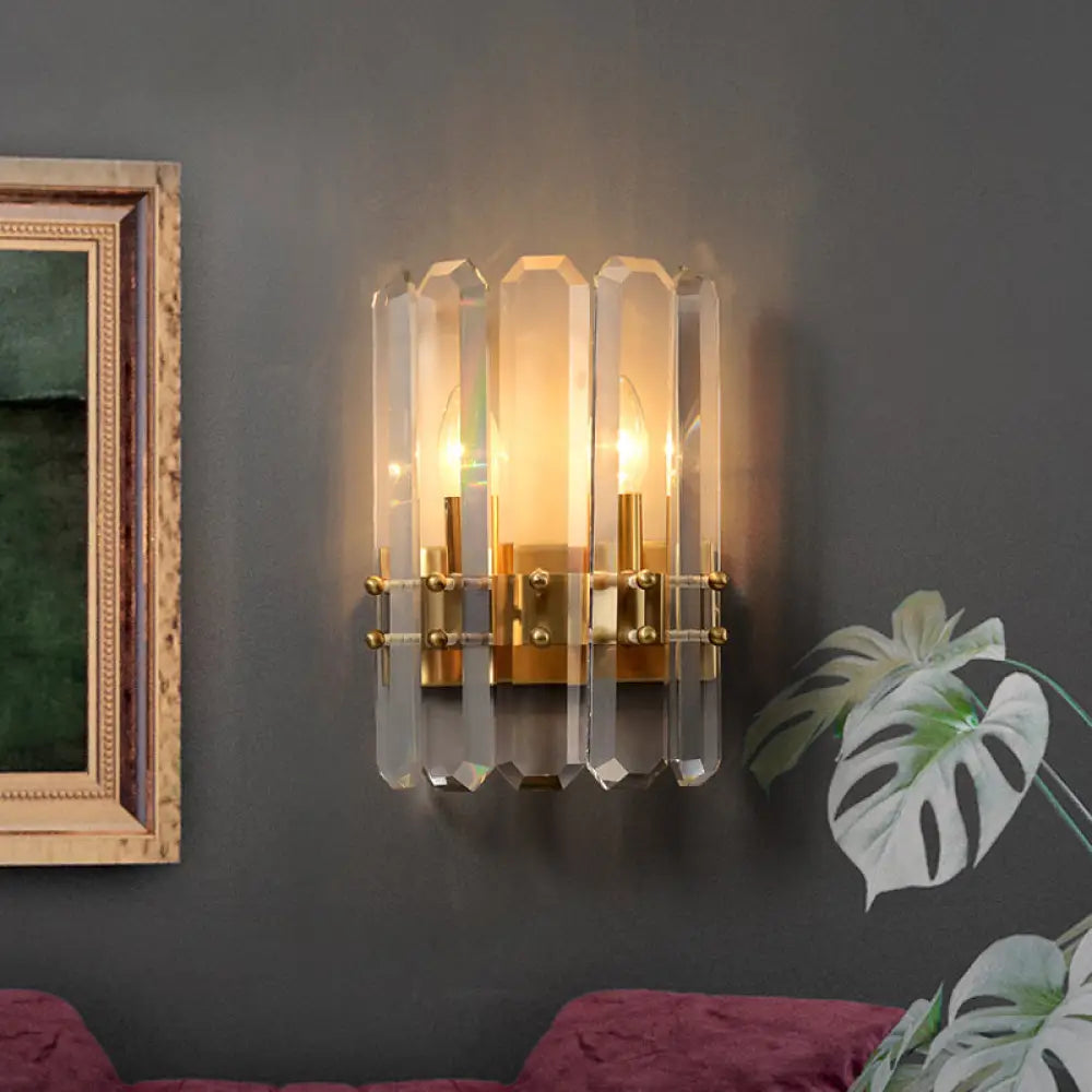 DecorBites™ Modern Gold Crystal Flush Wall Sconce: Half-Cylinder Rectangle-Cut Lamp with 2 Lights for Hallways