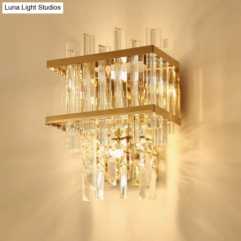 DecorBites™ Modern Gold Crystal Rod Wall Mount Sconce with Cube Shade - 3-Light Fixture for Living Room Lighting