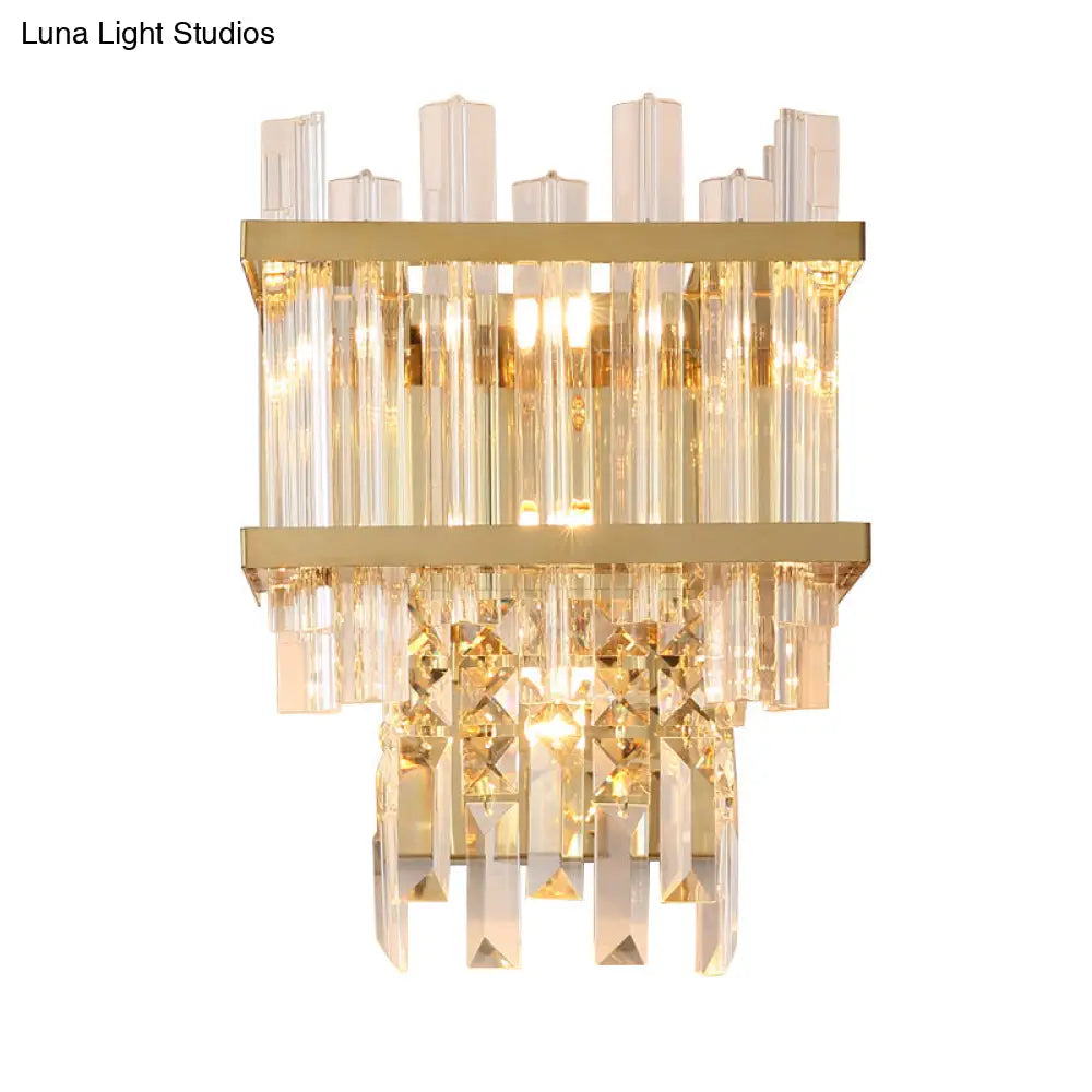 DecorBites™ Modern Gold Crystal Rod Wall Mount Sconce with Cube Shade - 3-Light Fixture for Living Room Lighting