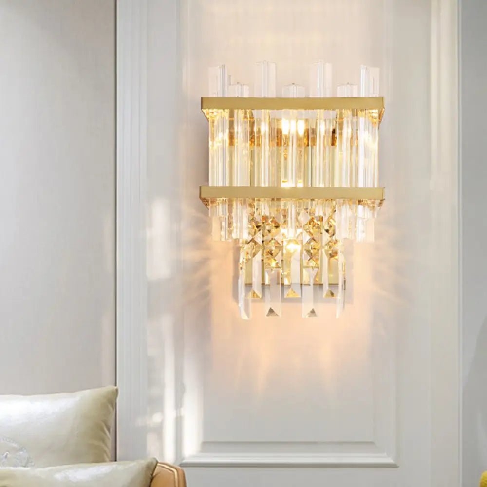 DecorBites™ Modern Gold Crystal Rod Wall Mount Sconce with Cube Shade - 3-Light Fixture for Living Room Lighting