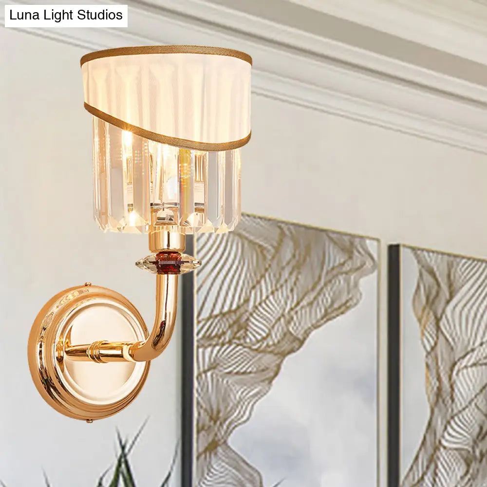 DecorBites™ Modern Gold Fabric Wall Light with Crystal Prism and Curved Arm