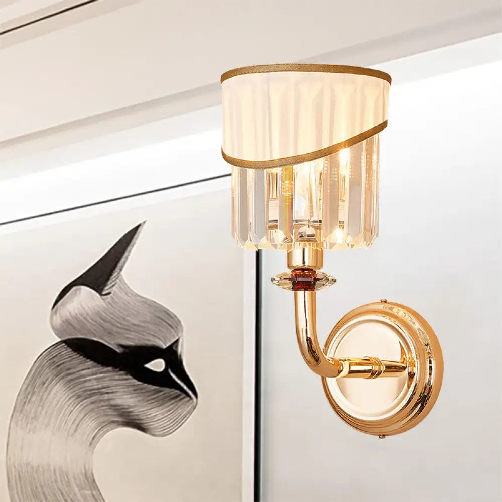DecorBites™ Modern Gold Fabric Wall Light with Crystal Prism and Curved Arm
