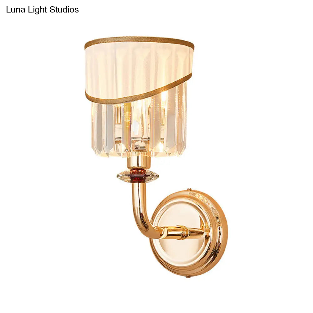 DecorBites™ Modern Gold Fabric Wall Light with Crystal Prism and Curved Arm