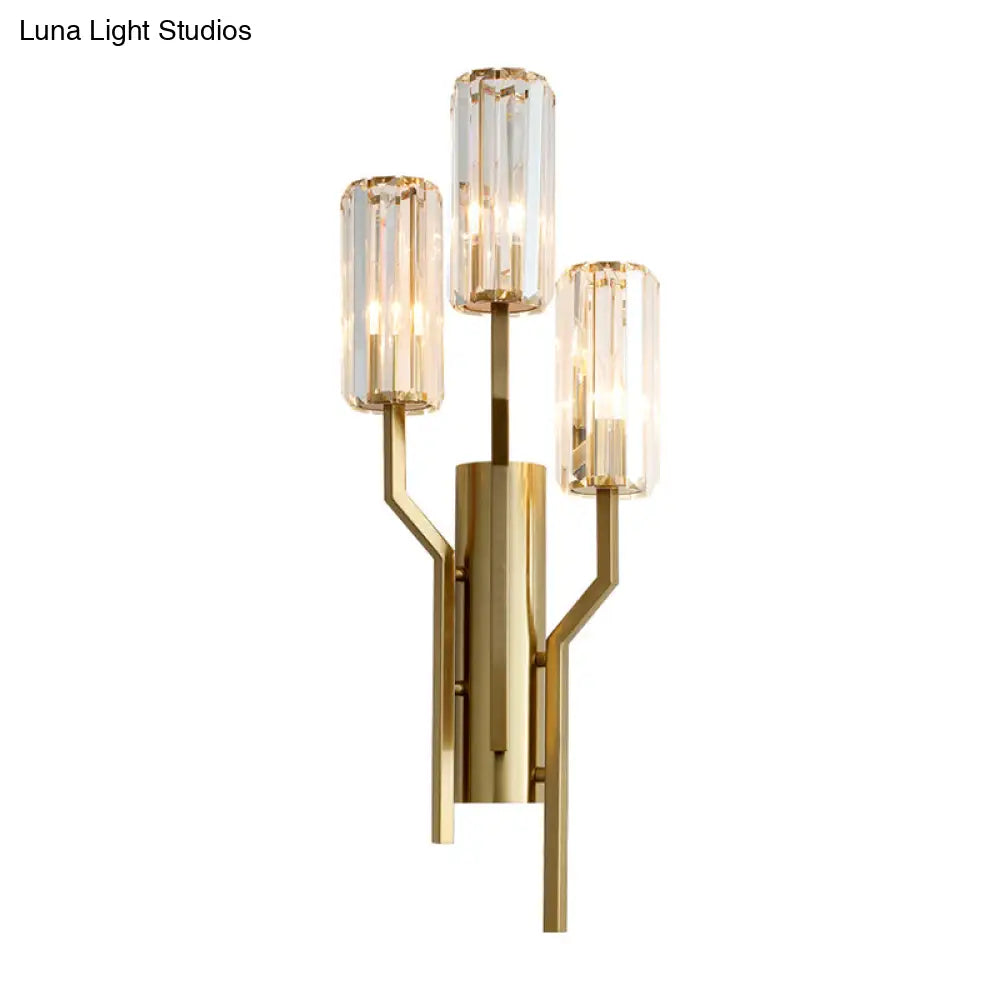 DecorBites™ Modern Gold Metal Wall Sconce with Crystal Cylindrical Shade – 3 Bulb Crooked Arm Wall Lamp